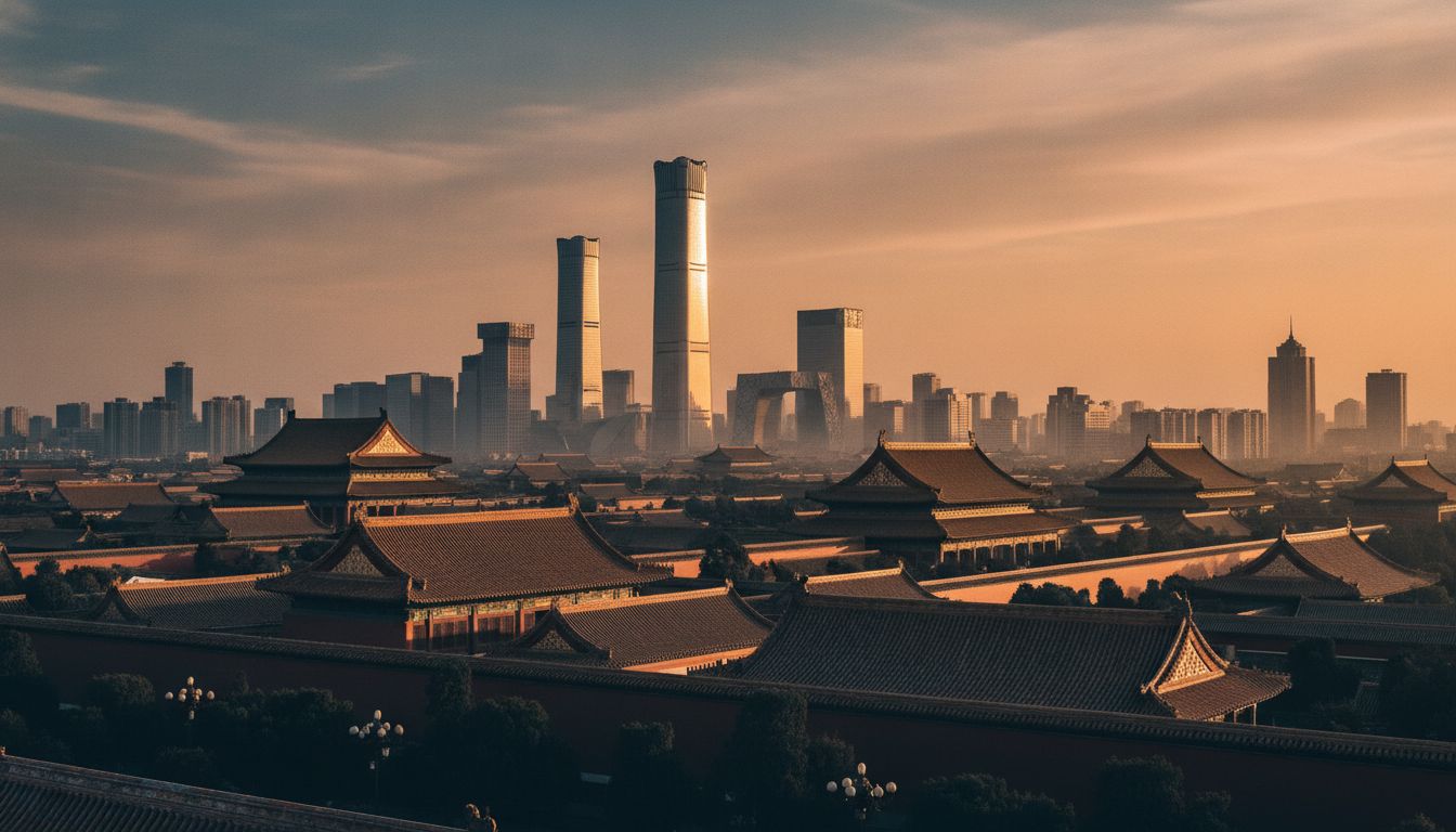 金色時刻的北京天際線與紫禁城屋頂