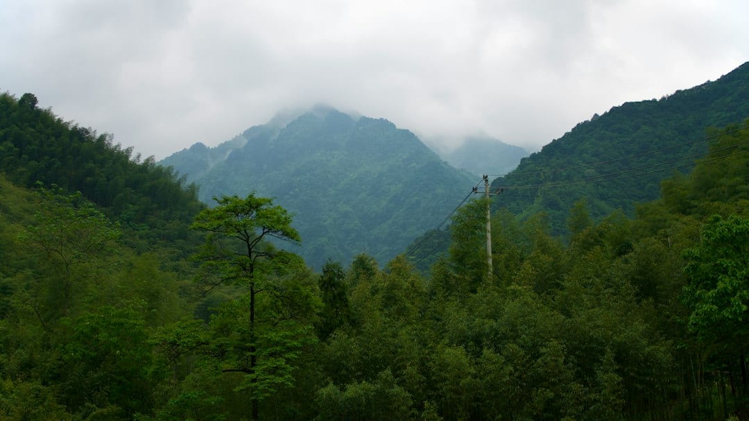 Qinling mountain range at sunrise with misty peaks