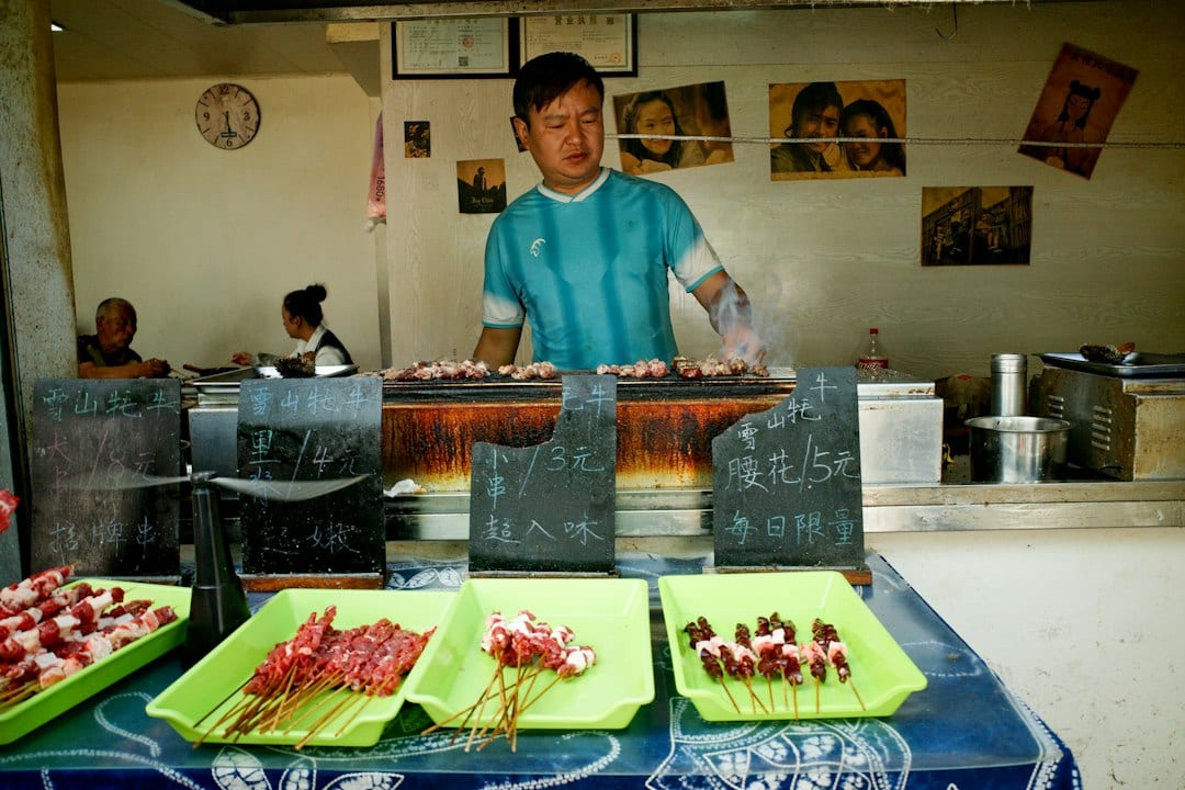 Grilled lamb skewers at a street food stall