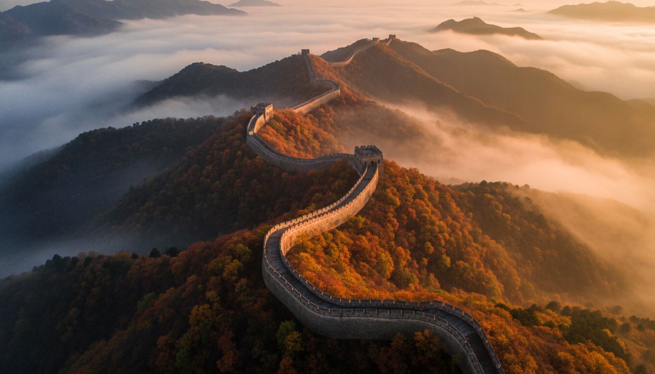 黃金時刻的中國萬里長城全景空拍