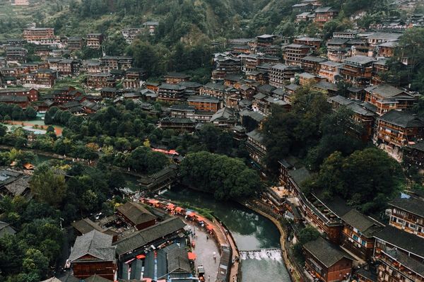 An aerial view of a village in the Guizhou mountains
