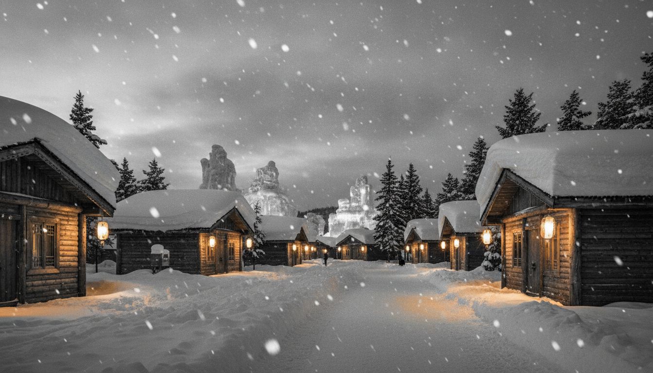 黃昏時分的哈爾濱夢幻雪鄉冬季仙境，燈籠閃爍，傳統房屋覆蓋著白雪