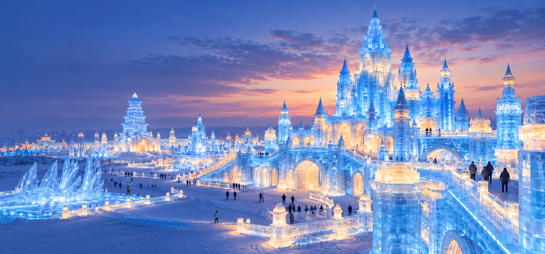 Harbin Ice and Snow World at night, illuminated ice castle glowing with blue and golden lights
