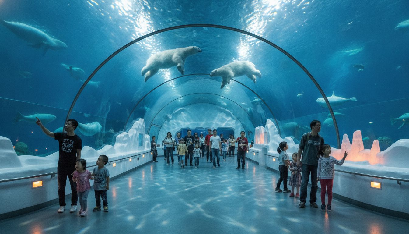 哈爾濱極地館水族館水下隧道中的北極熊與遊客