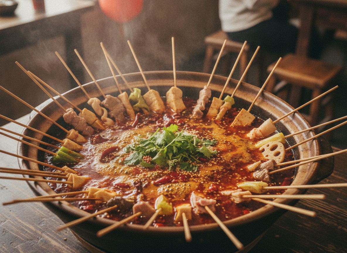 Sichuan chuan chuan xiang skewers in spicy broth