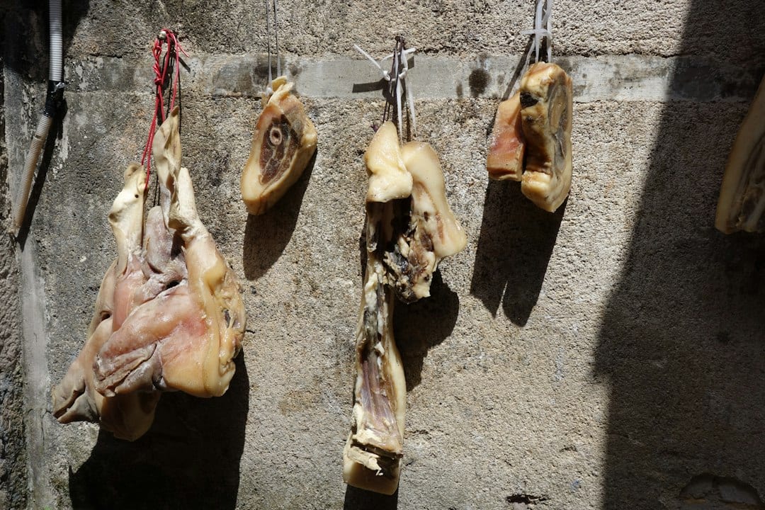 Cured Tibetan dried yak meat hanging to dry