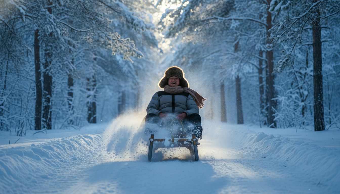 乘坐雪橇穿越白雪覆蓋的松林
