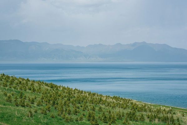 Kanas Lake surrounded by green hills and mountains