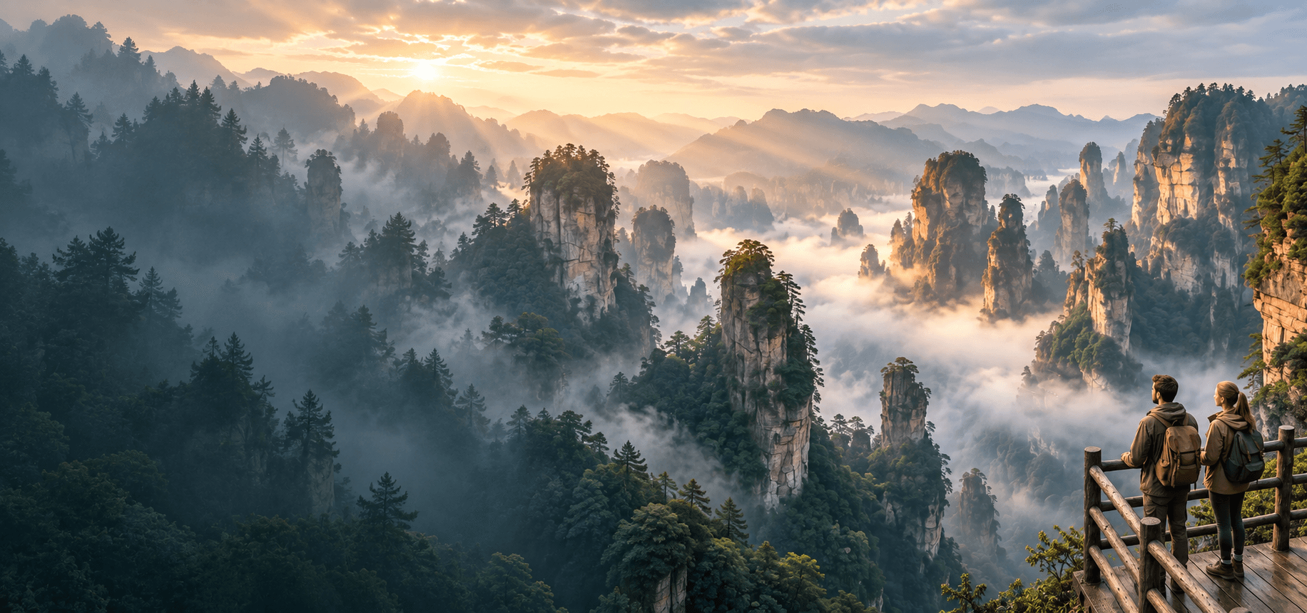 Zhangjiajie Avatar Mountains scenic landscape with misty sandstone pillars at sunrise